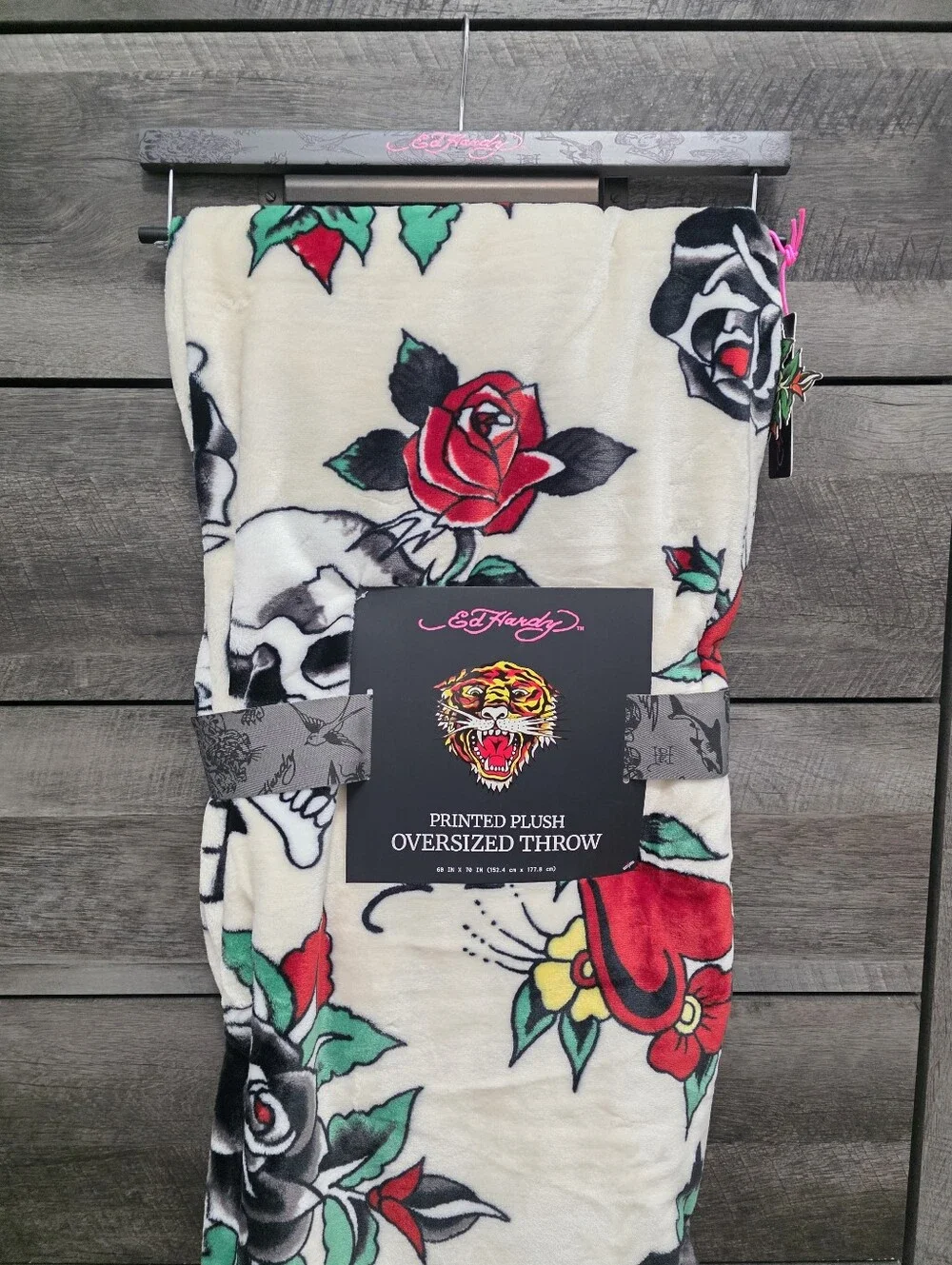 Ed Hardy Skulls & Roses Oversized Throw Blanket New
